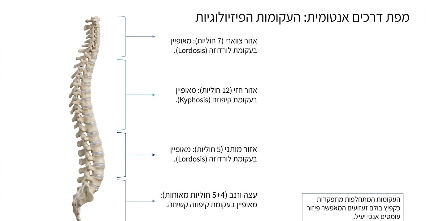 מפת האזורים הפיזיולוגיים של עמוד השדרה עם עקומות לורדוזה וקיפוזה