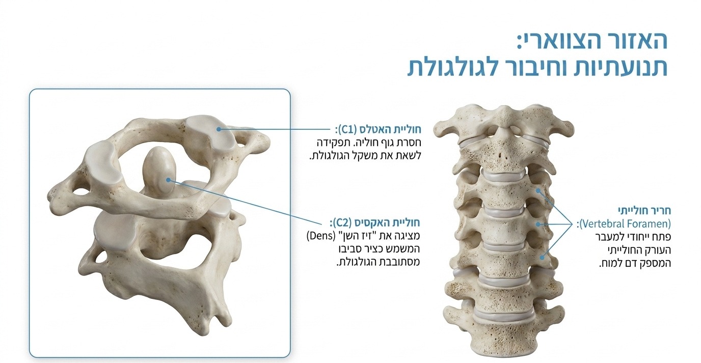 חוליות C1 אטלס ו-C2 אקסיס עם הסבר אנטומי על תנועת הצוואר