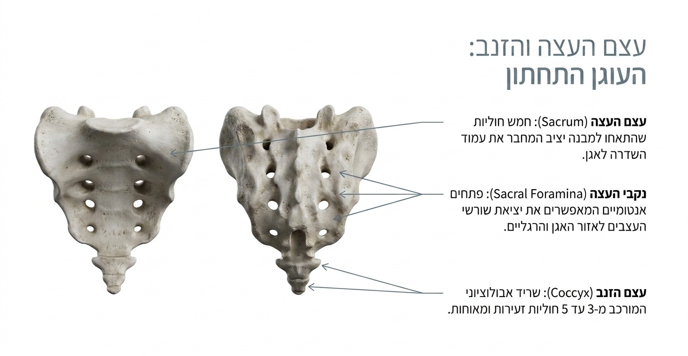 עצם העצה והזנב עם נקבי העצה ומפרקי SI