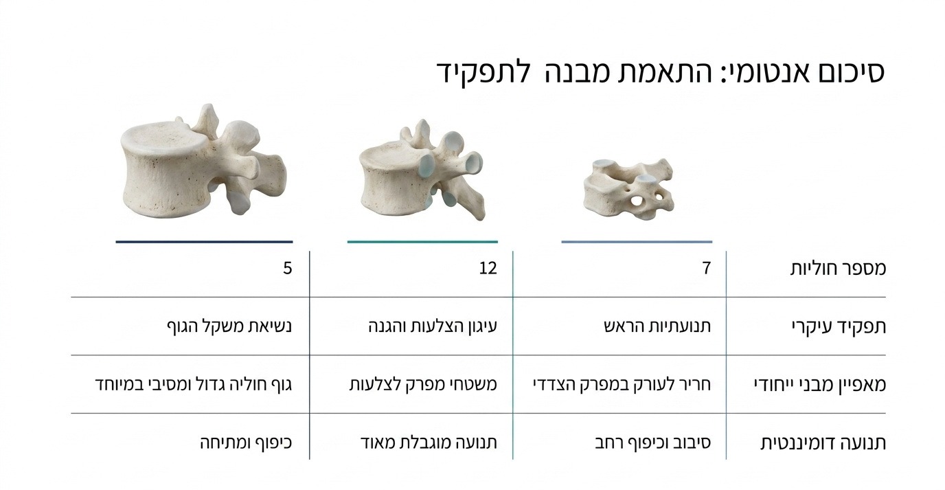 טבלת השוואה בין שלושת האזורים העיקריים של עמוד השדרה