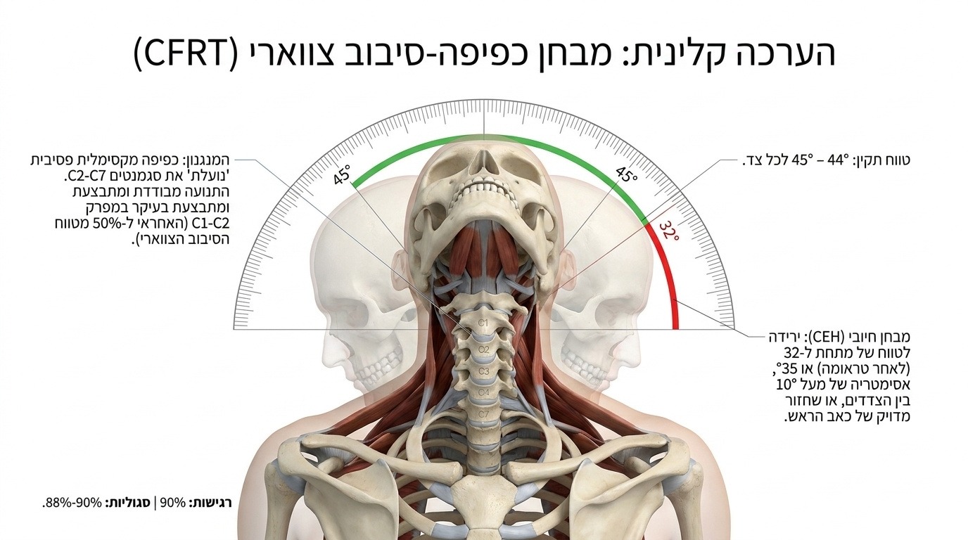 מבחן כפיפה-סיבוב צווארי CFRT עם מד זווית: טווח תקין מול טווח מוגבל